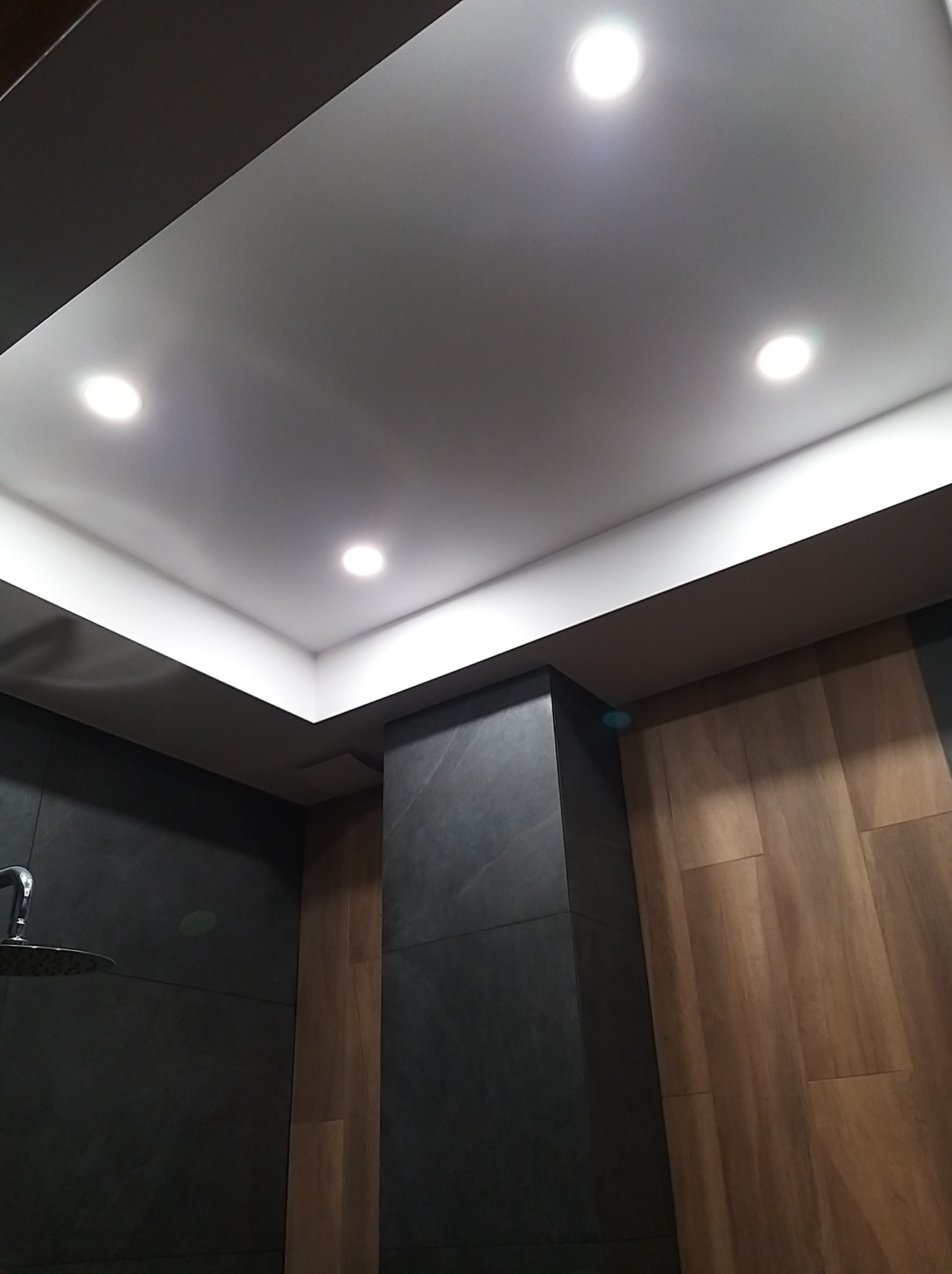 Nowoczesna łazienka z podwieszanym sufitem i oświetleniem punktowym. Ściany wykończone płytkami w odcieniach szarości i drewna. Widoczny fragment deszczownicy.