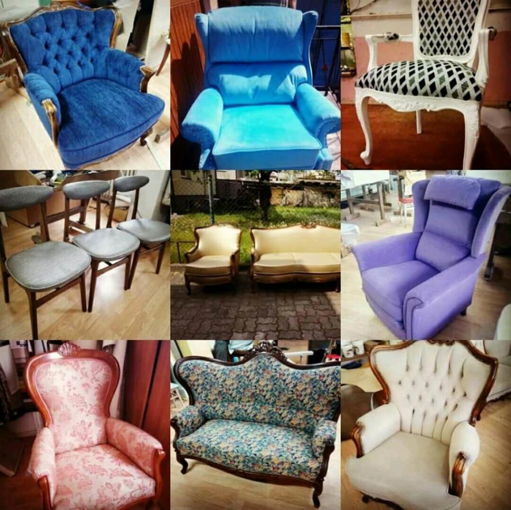 Kolaż dziewięciu zdjęć przedstawiających różnorodne odnowione krzesła i sofy tapicerowane, w tym krzesło w stylu Ludwika z niebieską tapicerką, fotel z wysokim oparciem w jasnym błękicie i krzesło...