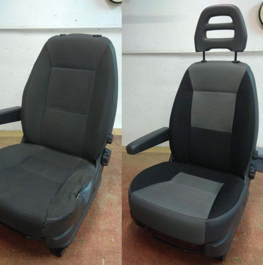 Porównanie fotela samochodowego przed i po renowacji tapicerki, widoczne uszkodzenie na lewym fotelu i odnowiony wygląd na prawym fotelu.