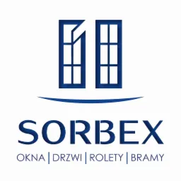 Logo firmy Sorbex z ikoną okien, oferującej okna, drzwi, rolety i bramy w kolorze granatowym na białym tle.