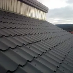 Szary dach z blachy trapezowej z widocznymi wkrętami, na tle zachmurzonego nieba i zalesionych wzgórz.