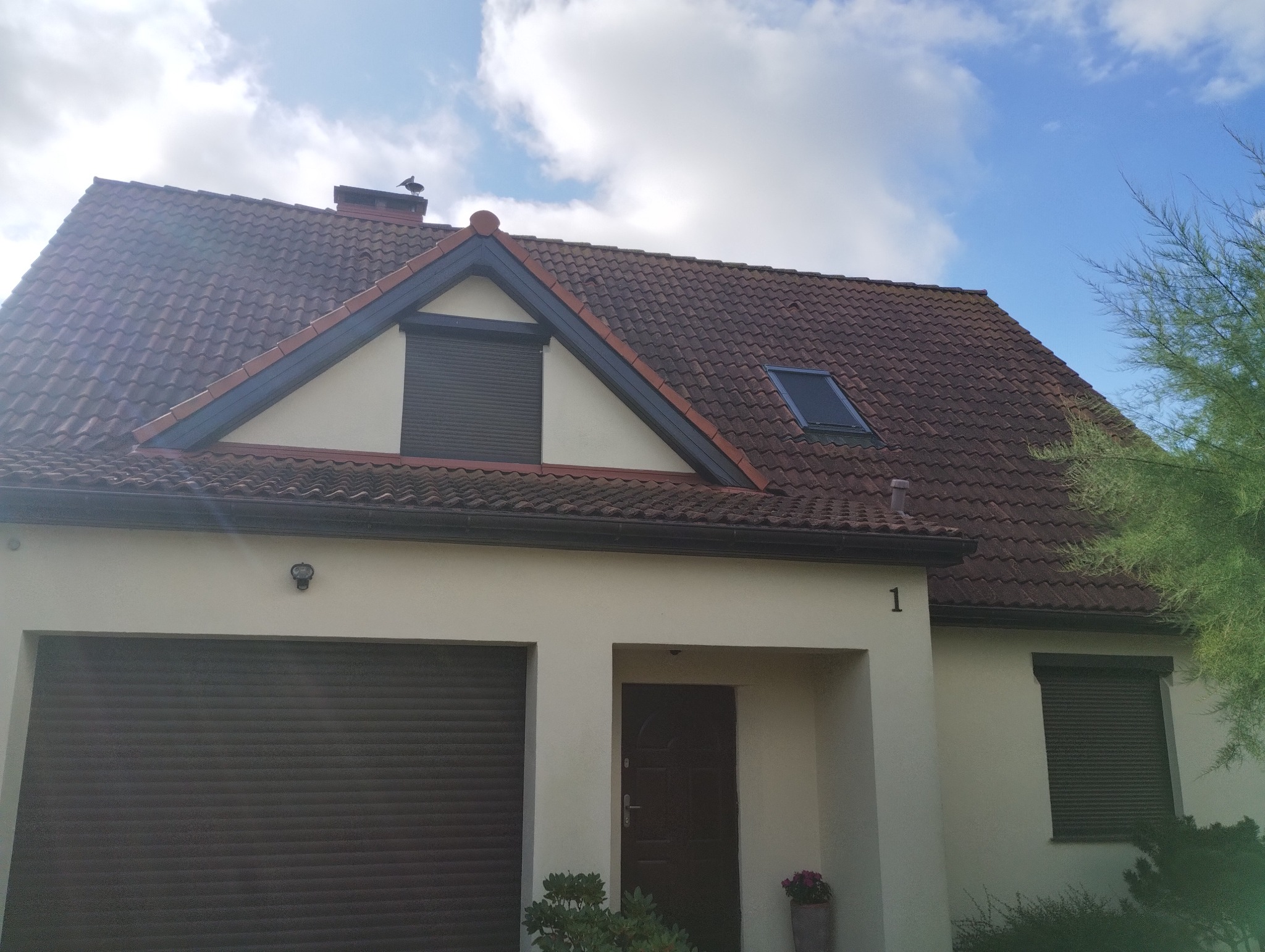 Dom jednorodzinny z brązową dachówką, zamkniętymi roletami i numerem '1' nad wejściem. Na kominie siedzi ptak. Błękitne niebo z chmurami w tle.