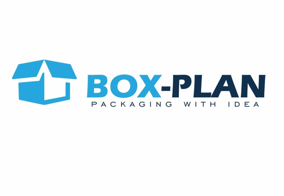 Logo firmy BOX-PLAN z niebieską ikoną otwartego kartonu i hasłem 'PACKAGING WITH IDEA'.