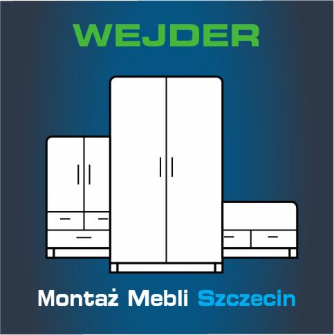 Grafika przedstawiająca schematycznie zarys szaf: dwudrzwiowej, jednodrzwiowej z szufladami oraz szafki nocnej, na ciemnoniebieskim tle z napisem 'WEJDER' u góry i 'Montaż Mebli Szczecin' u dołu.