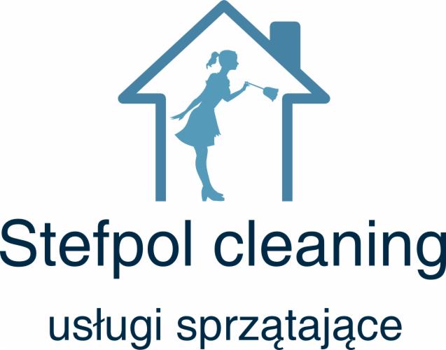 Niebieski logotyp firmy Stefpol cleaning przedstawiający sylwetkę kobiety ze ścierką w kształcie domu, pod spodem napis 'usługi sprzątające'.