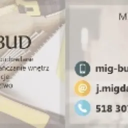 Wizytówka firmy MIG-BUD z logo w postaci uproszczonego obrysu domu, informacjami kontaktowymi, adresem, numerem NIP oraz zakresem usług budowlanych i wykończeniowych.