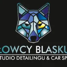 Logo firmy 'Łowcy Blasku Studio Detailingu & Car Spa' z geometryczną głową wilka w odcieniach niebieskiego i białego na czarnym tle.