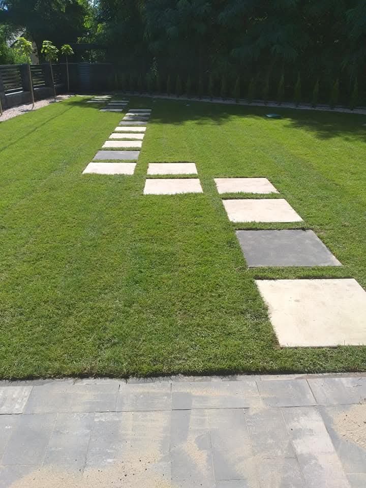 Ścieżka z płyt na trawniku, regularny układ, jasne i ciemne płyty, zadbany trawnik, widok z poziomu gruntu, estetyczne wykończenie ogrodu.