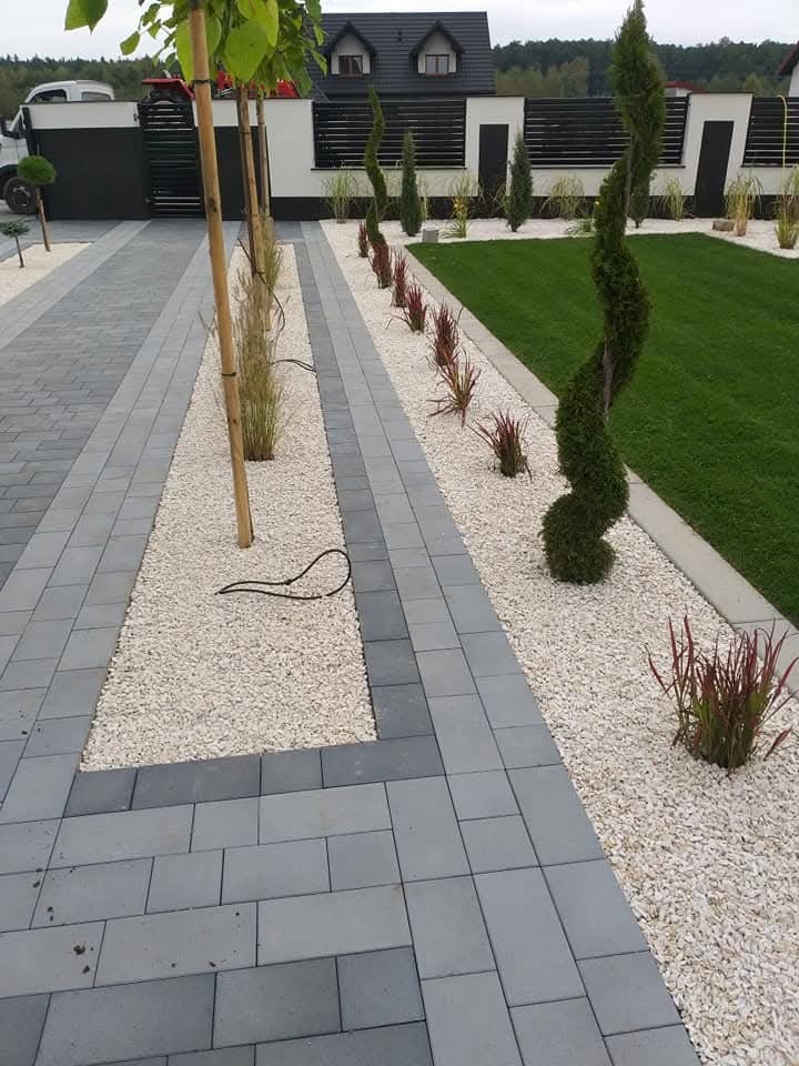 Nowoczesny ogród z równo przystrzyżonym trawnikiem, ścieżką z kostki brukowej i ozdobnymi roślinami na białym żwirze. Spiralnie uformowany krzew iglasty.