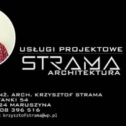 Wizytówka architekta Krzysztofa Stramy z logo firmy Strama Architektura, danymi kontaktowymi i zdjęciem portretowym.