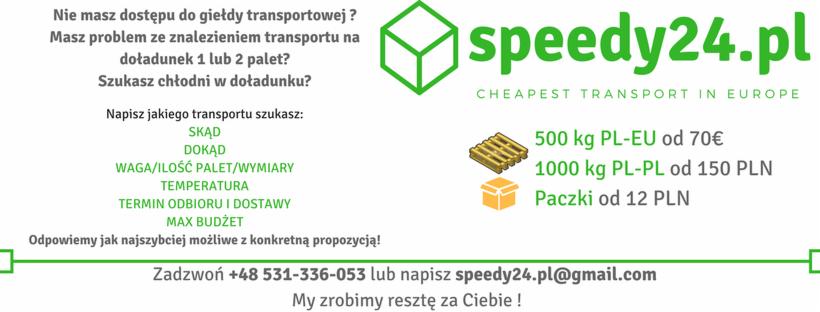 Grafika reklamowa firmy transportowej Speedy24.pl z informacją o transporcie palet i paczek na terenie Polski i Europy oraz danymi kontaktowymi.