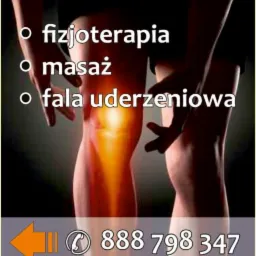 Grafika z nogami i kolanami, z napisem 'Projekt Masaż Spa', 'Fizjoterapia', 'Masaż', 'Fala uderzeniowa' oraz numerem telefonu.