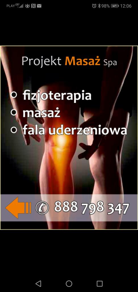 Grafika z nogami i kolanami, z napisem 'Projekt Masaż Spa', 'Fizjoterapia', 'Masaż', 'Fala uderzeniowa' oraz numerem telefonu.