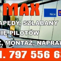 Baner reklamowy firmy oferującej bramy, napędy, szlabany, kodowanie pilotów, sprzedaż, montaż, naprawę i serwis. Widoczne logotypy producentów automatyki bramowej: Nice, Hormann, Came, FAAC.