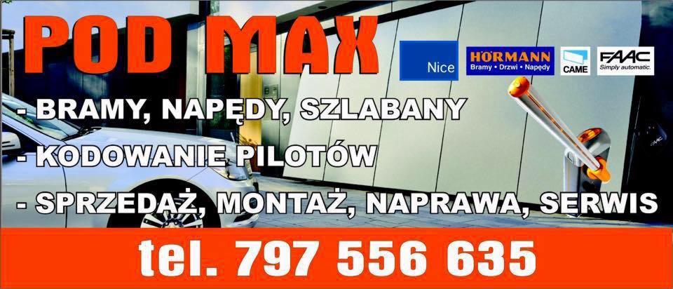 Baner reklamowy firmy oferującej bramy, napędy, szlabany, kodowanie pilotów, sprzedaż, montaż, naprawę i serwis. Widoczne logotypy producentów automatyki bramowej: Nice, Hormann, Came, FAAC.