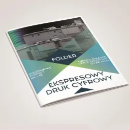 Folder reklamowy z grafiką maszyn drukarskich w tle, informacją o formacie A4-A5 i ekspresowym druku cyfrowym.