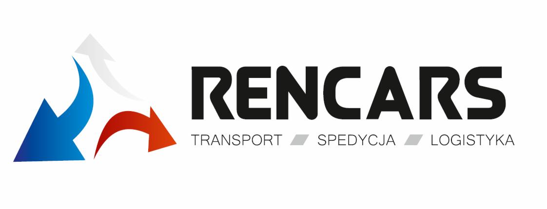 Logo firmy RENCARS z trzema strzałkami w kolorach niebieskim, białym i czerwonym, oraz napisem RENCARS TRANSPORT SPEDYCJA LOGISTYKA.