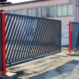 Otwarta przesuwna brama wjazdowa z czarnymi ukośnymi prętami i czerwonymi słupkami, na betonowym podłożu, z tabliczką informacyjną agencji ochrony.