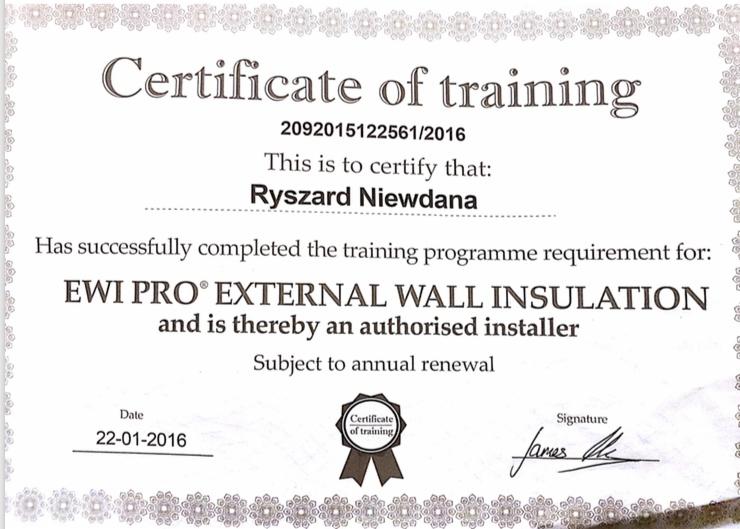 Skan certyfikatu ukończenia szkolenia z zakresu montażu zewnętrznej izolacji ścian EWI PRO dla Ryszarda Niewdany, ważny do corocznego odnowienia, z datą 22-01-2016 i podpisem.