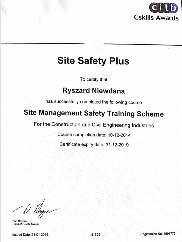 Skan certyfikatu Site Safety Plus dla Ryszarda Niewdany z datą wydania 21-01-2015 i datą ważności 31-12-2019, potwierdzający ukończenie kursu Site Management Safety Training Scheme dla branży...