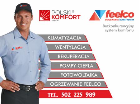 Mężczyzna w uniformie firmy Feelco prezentuje ofertę: klimatyzacja, wentylacja, rekuperacja, pompy ciepła, fotowoltaika, ogrzewanie. Widoczne logotypy Polski Komfort Logistic i Feelco oraz numer...