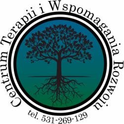 Logo Centrum Terapii i Wspomagania Rozwoju z sylwetką drzewa w okręgu o gradientowym tle turkusowo-zielonym i numerem telefonu u dołu.