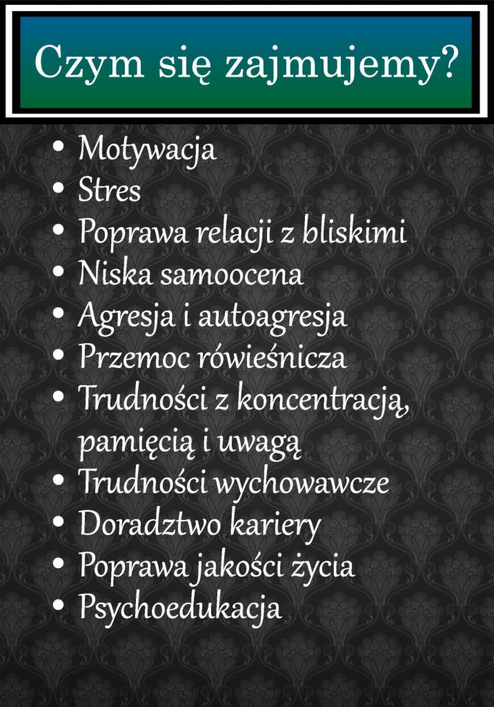 Grafika z listą problemów, którymi zajmuje się gabinet: motywacja, stres, relacje z bliskimi, niska samoocena, agresja, przemoc rówieśnicza, trudności z koncentracją, trudności wychowawcze...