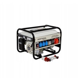 Mateusz Mostowik konserwacja i naprawa pojazdów samochodowych pit stop - Agregat prądotwórczy Kraft&Dele KW6500MP z niebieskimi i czerwonymi gniazdami, widoczne przewody z wtyczkami na białym tle.