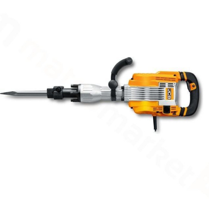 Profesjonalny młot wyburzeniowy JCB w kolorze żółto-srebrnym, z ostrym dłutem, na białym tle.