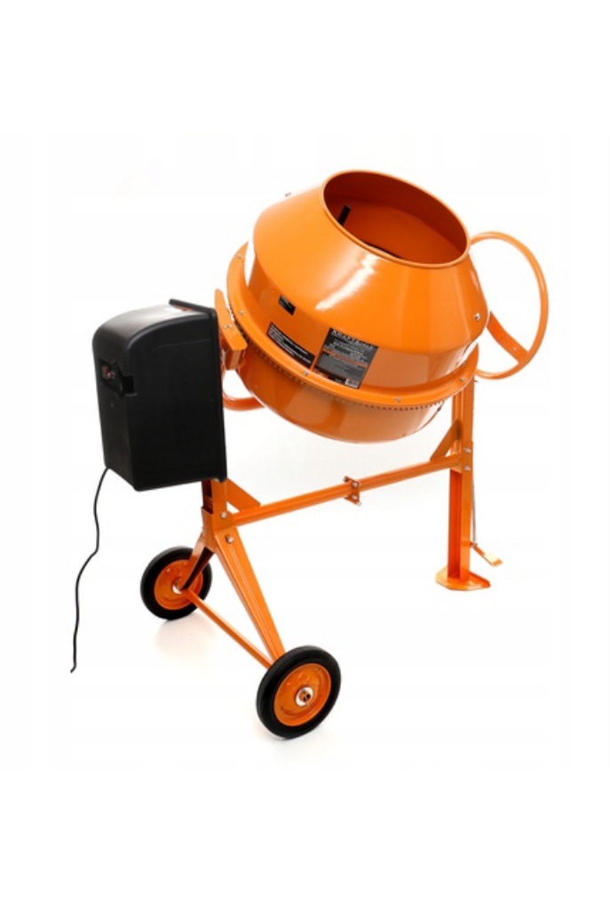 Pomarańczowa betoniarka na kółkach z czarną obudową silnika, widoczna na białym tle.