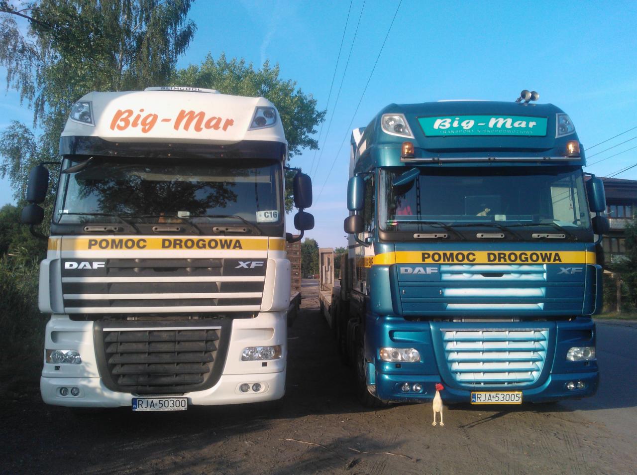 Dwa samochody ciężarowe DAF firmy Big-Mar, biały i niebieski, z napisem 'Pomoc Drogowa' na tle drzew i błękitnego nieba. Na ziemi stoi gumowy kurczak.