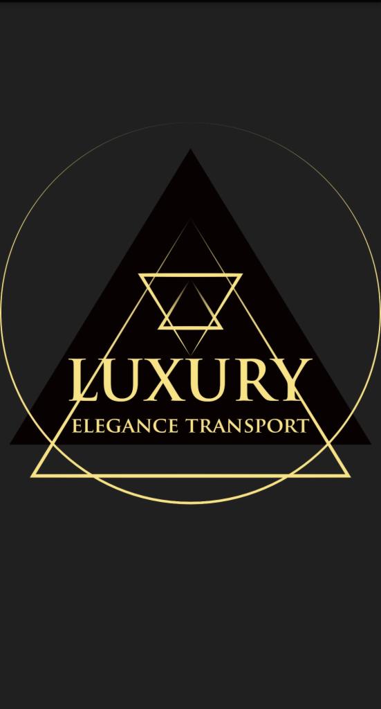 Logo firmy Luxury Elegance Transport w kolorach czerni i złota, z geometrycznym motywem trójkątów i okręgu.