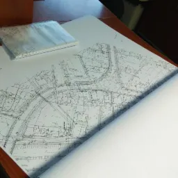 Rozłożony plan zagospodarowania przestrzennego z naniesionymi budynkami, drogami i zielenią, obok plik dokumentów w folii, leżący na drewnianym biurku.