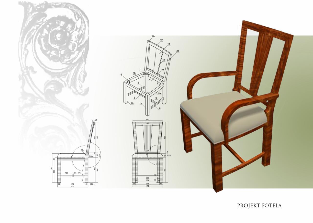 Projekt krzesła z drewnianą ramą i tapicerowanym siedziskiem, prezentowany w widoku 3D z wymiarami i schematem konstrukcyjnym.