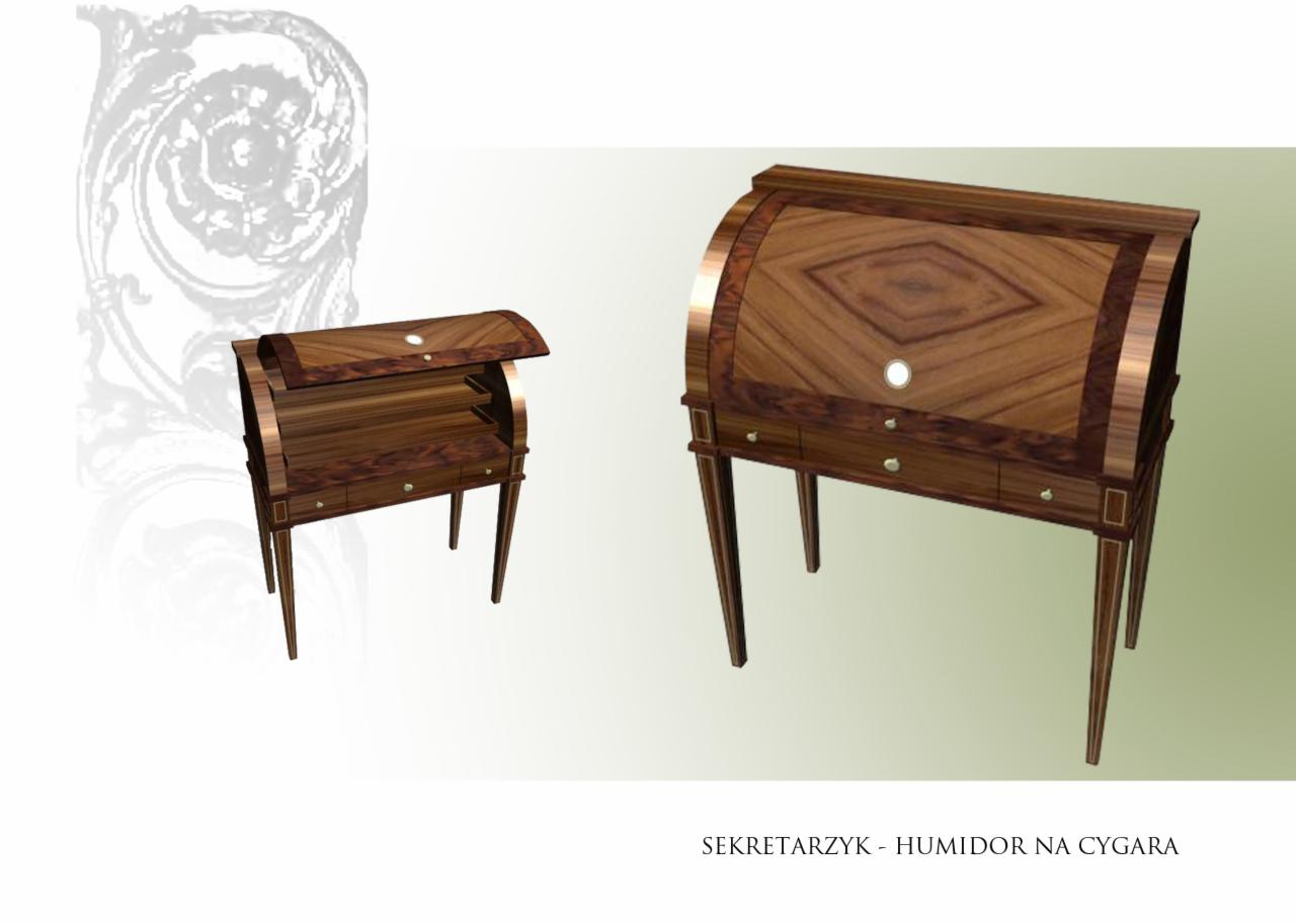Wizualizacja dwóch sekretarzyków z drewna o bogatym usłojeniu, jeden otwarty, drugi zamknięty, na białym tle z ornamentem.