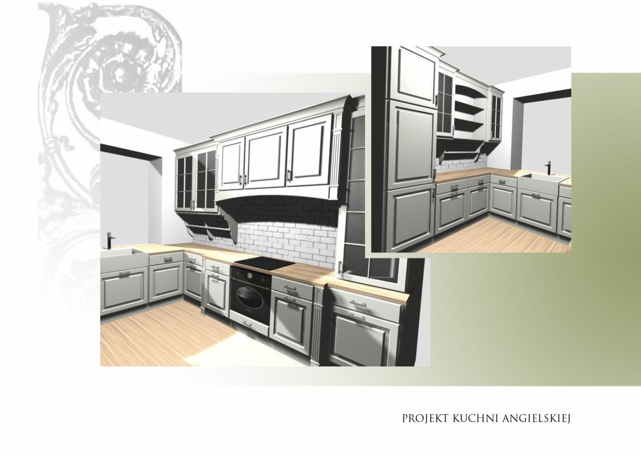 Wizualizacja projektu kuchni w stylu angielskim z szarymi szafkami, drewnianymi blatami i białymi płytkami na ścianie.