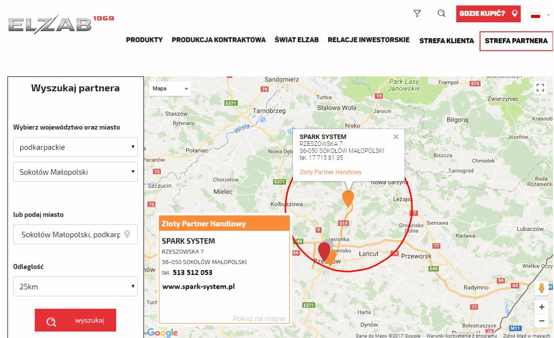 Mapa z zaznaczonymi lokalizacjami partnerów handlowych, w tym firmy Spark System w Sokołowie Małopolskim, wyświetlona na stronie internetowej ELZAB.