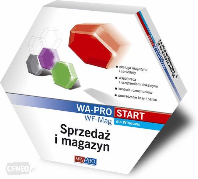 Pudełko o heksagonalnym kształcie z oprogramowaniem WA-PRO START WF-Mag dla Windows, wspierającym obsługę magazynu i sprzedaży, współpracę z urządzeniami fiskalnymi, kontrolę rozrachunków...