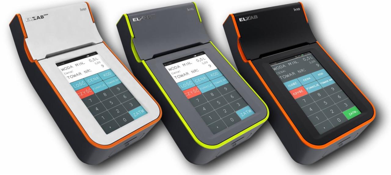 Trzy kasy fiskalne ELZAB H10 w kolorach: biało-pomarańczowym, szaro-zielonym i czarno-pomarańczowym, wyświetlające interfejs sprzedaży z pozycją 'Woda min. 0,5L'.