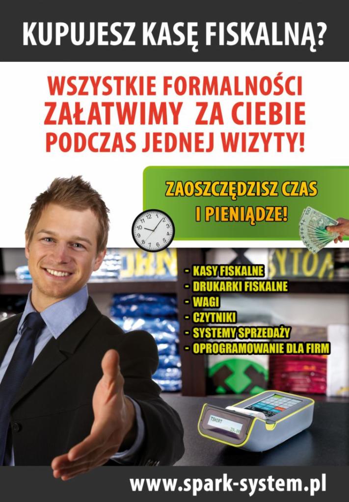 Uśmiechnięty mężczyzna w garniturze wyciąga dłoń na tle oferty kas fiskalnych, drukarek fiskalnych i systemów sprzedaży, obok zegar i banknoty symbolizujące oszczędność czasu i pieniędzy,...