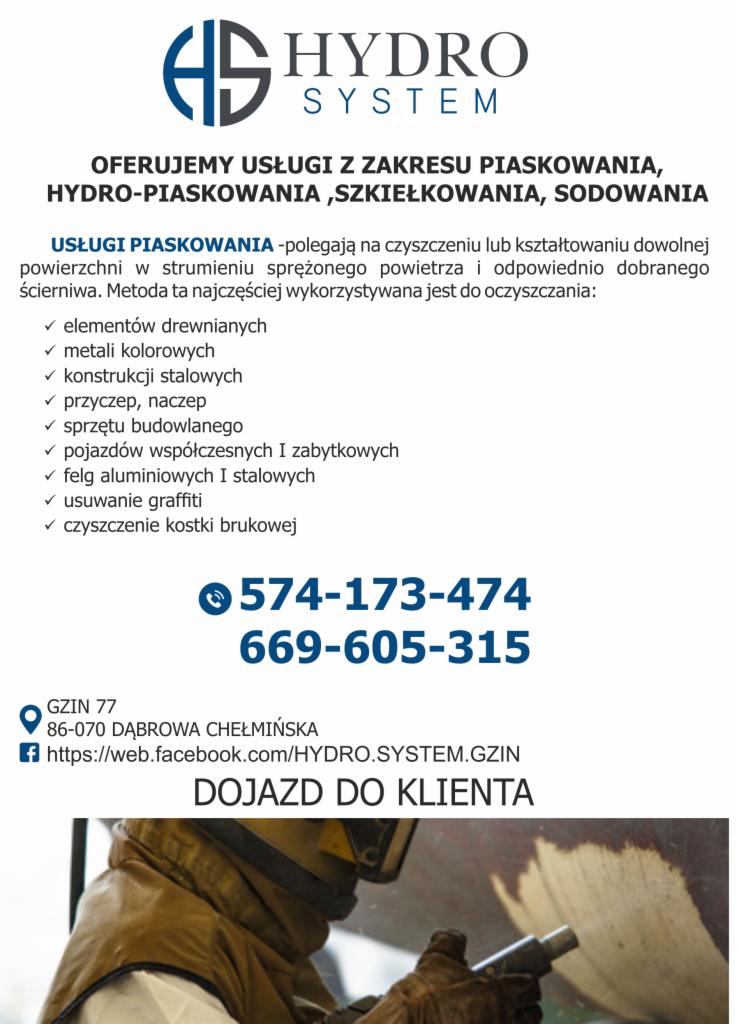 Ulotka reklamowa firmy Hydro System oferującej usługi piaskowania, hydro-piaskowania, szkiełkowania i sodowania, z wyszczególnieniem czyszczenia elementów drewnianych, metali kolorowych...