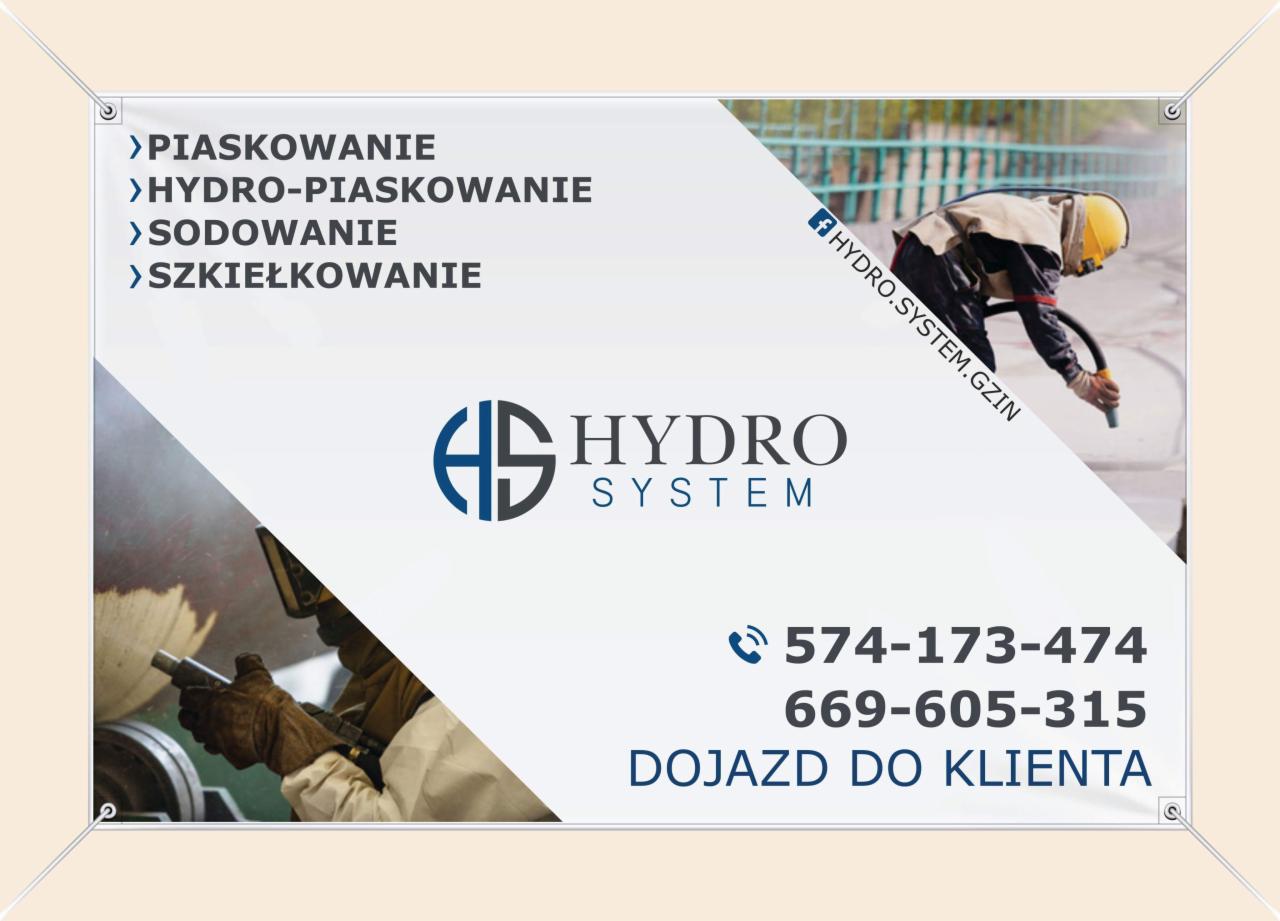 Baner reklamowy firmy Hydro System Gzin oferującej piaskowanie, hydro-piaskowanie, sodowanie i szkiełkowanie, z numerami telefonów i informacją o dojeździe do klienta oraz zdjęciem pracownika...
