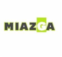Logo firmy z nazwą 'MIAZGA', szary tekst z zieloną obwódką, na białym tle, z zielonym prostokątem w tle litery 'A'.