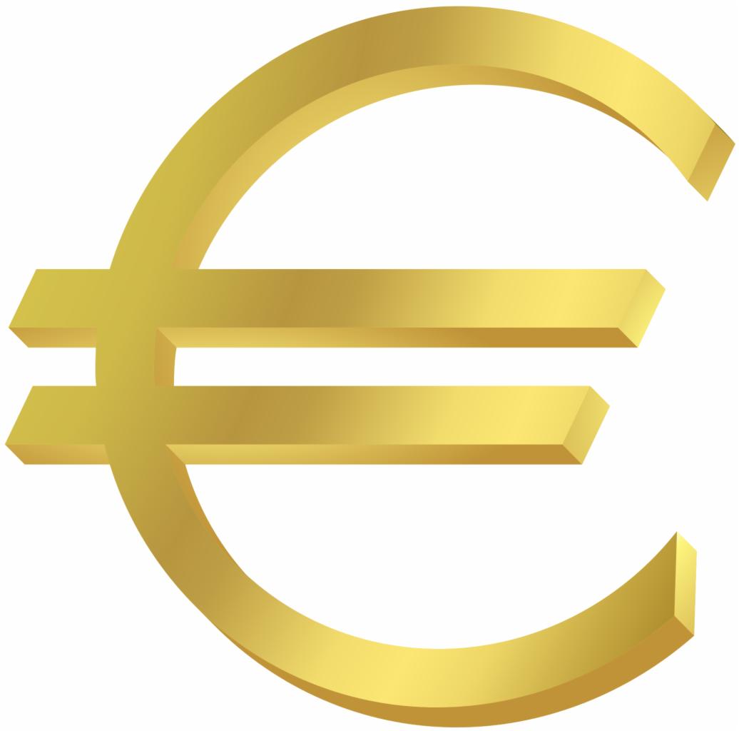 Złoty symbol Euro na białym tle, renderowany w 3D z subtelnym cieniowaniem.