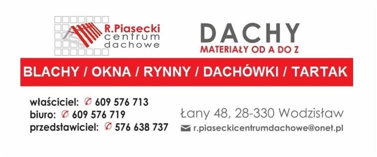 Wizytówka firmy R.Piasecki centrum dachowe oferującej materiały do budowy dachu: blachy, okna, orynnowanie, pokrycia dachowe i tartak. Zawiera dane kontaktowe: numery telefonów, adres i e-mail.