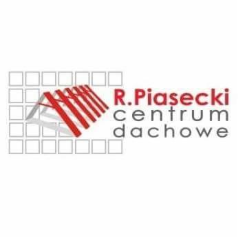 Logo firmy R.Piasecki centrum dachowe z graficznym przedstawieniem czerwonego dachu na tle siatki kwadratów.