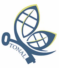 Logo firmy TONAL przedstawiające klucz połączony z elementami okiennymi w kształcie liści, utrzymane w kolorystyce niebiesko-żółtej.