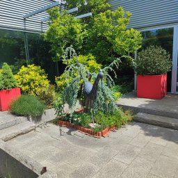 SPDE Serwis ogrodowy - Ogród przy budynku z metalową rzeźbą czapli, roślinami w czerwonych donicach i ozdobnymi obrzeżami rabat. Nowoczesna architektura w tle, błękitne niebo.