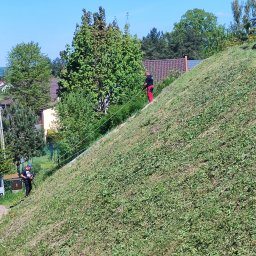 SPDE Serwis ogrodowy - Pracownicy w trakcie koszenia stromej skarpy porośniętej trawą. Jeden z nich używa linki zabezpieczającej. W tle widoczne domy i drzewa.