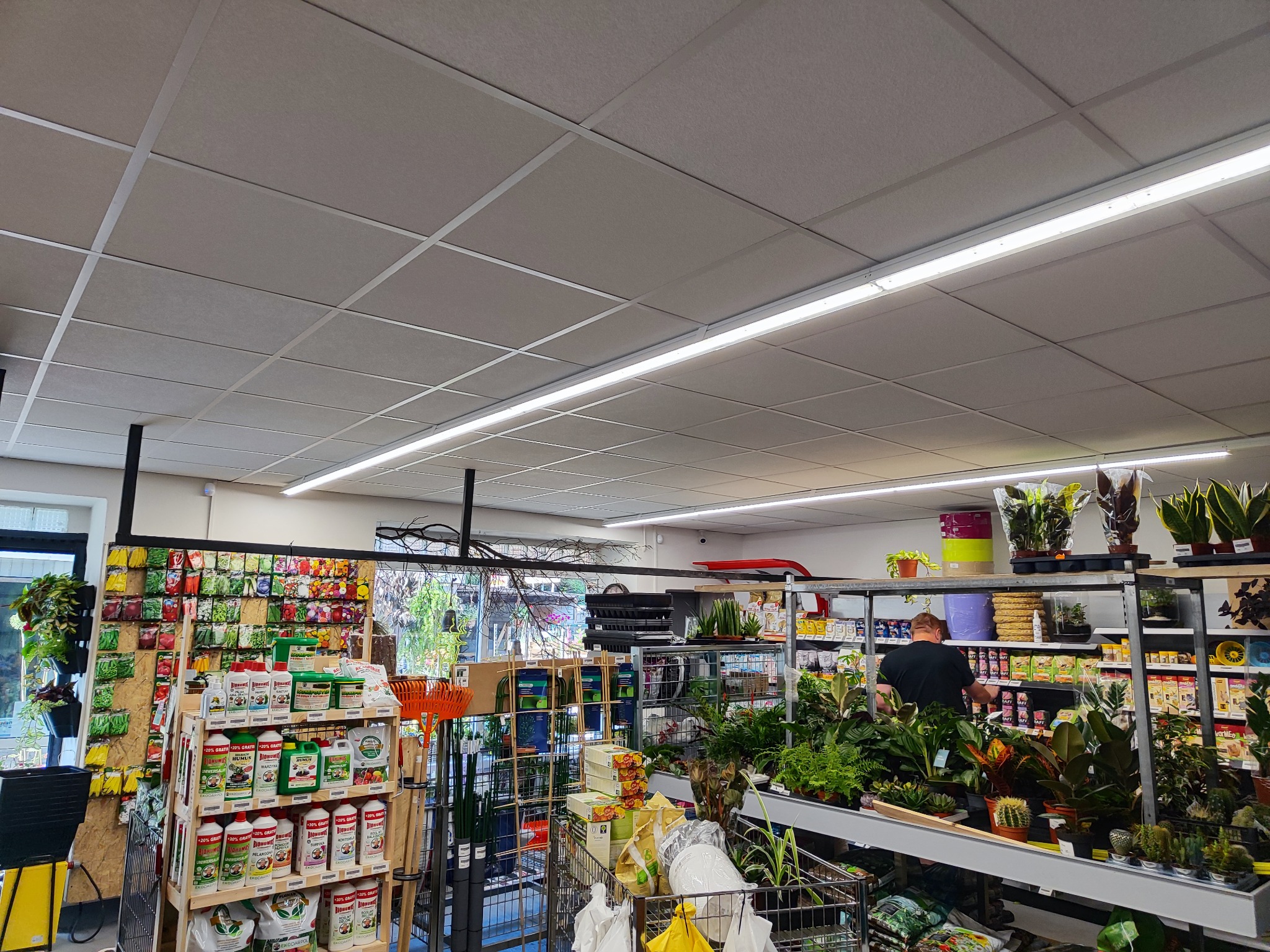 Wnętrze sklepu ogrodniczego z regałami wypełnionymi roślinami, nasionami i nawozami; widoczny klient przeglądający asortyment.